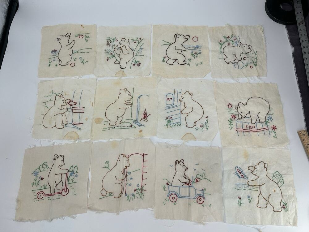 12 Vintage Hand Embroidered Quilt Blocks Bear 15.5” Cotton